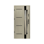 A modern door with a glass panel and metal trim.