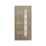 A wooden door with glass panels and a white background.