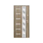 A modern wooden door with glass panels.