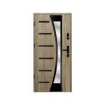 A wooden door with a glass panel and black trim.