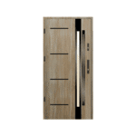 A modern wooden door with a glass panel.