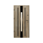 A wooden door with black and white stripes.