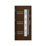 A modern wooden door with glass panels.