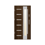 A modern wooden door with glass panels.