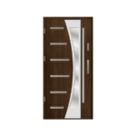 A modern wooden door with a glass panel.