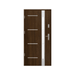 A modern wooden door with a glass panel.