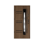 A modern wooden door with a glass panel.