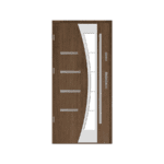 A modern wooden door with glass panels.