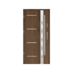 A modern wooden door with a glass panel.