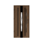 A modern wooden door with black and white stripes.