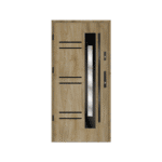 A wooden door with a glass panel and metal handle.
