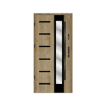 A wooden door with a glass panel on the side.