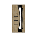 A modern wooden door with black trim and glass panels.