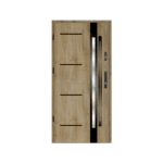 A wooden door with a black handle and glass panels.