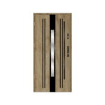 A wooden door with black and white stripes.