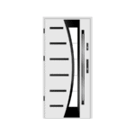 A white door with black trim and glass panels.
