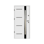 A white door with black trim and a black handle.