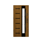A wooden door with glass panels on the side.
