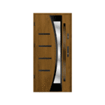 A modern wooden door with a glass panel.