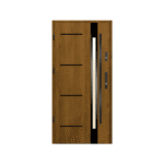 A modern wooden door with a glass panel.