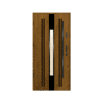 A wooden door with black and white stripes.