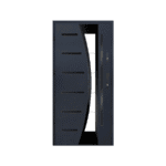 A modern steel door with a curved glass panel.