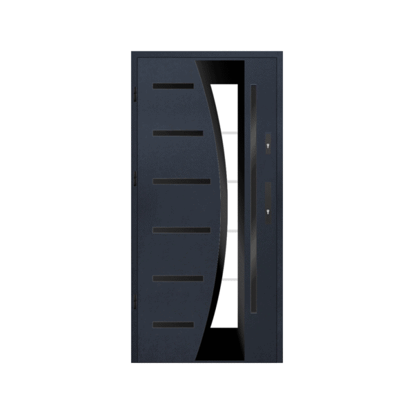 A modern steel door with a curved glass panel.