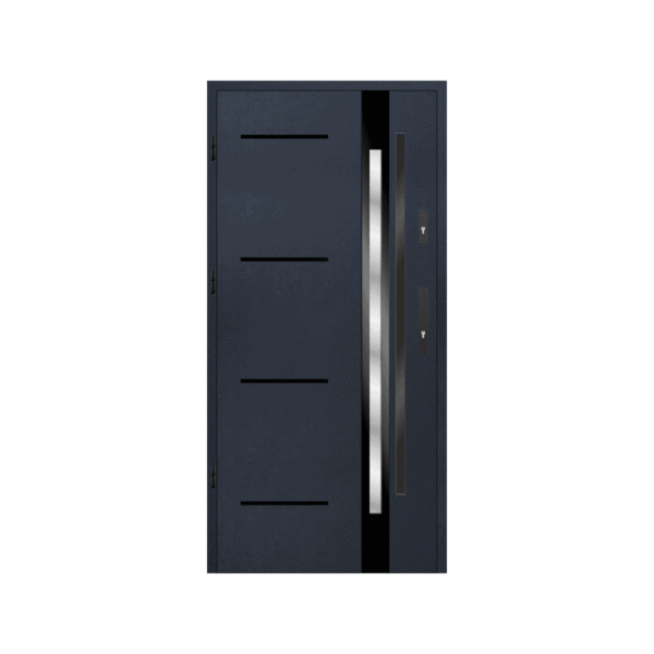 A modern wood-anthracite steel door with a glass panel.