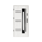 A white door with black and white trim.