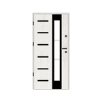 A white door with black trim and glass panels.