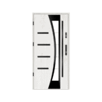 A white door with black trim and glass panels.