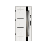 A white door with black trim and a black handle.