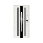 A white door with black stripes on the side.