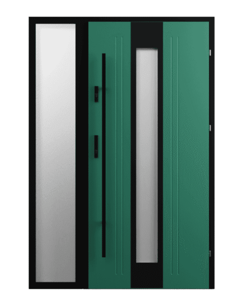 Modern green modern steel front door with vertical frosted glass panel and black frame